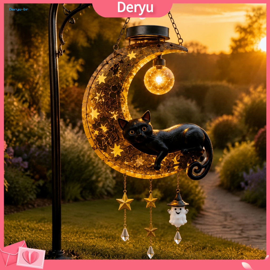 Solar Moon Cat Garden Statue Standing for Balcony Halloween Lamp with Ghost Star Charm Black on Wind Chime Light Outdoor