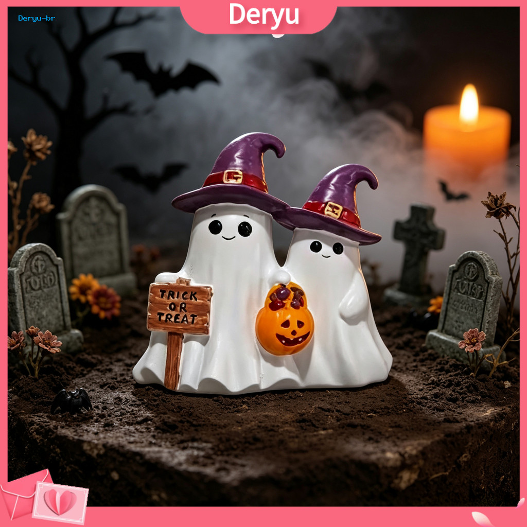 Retro Halloween Table Decorations Ghost Figurines for Desk Figurine Cute Resin Statue with Witch Hat Spooky Tiered Tray