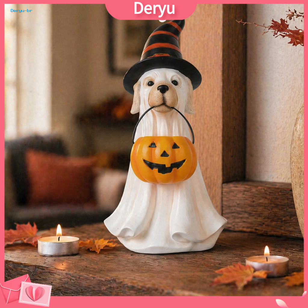 Halloween Table Decorations Party Props Ghost Dog Figurine with Hat and Pumpkin Cute Resin Tabletop Decor for Home Entry