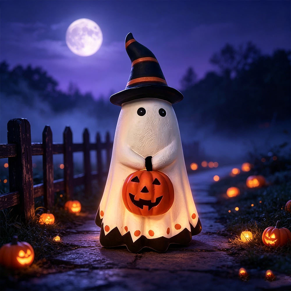 Cute Ghost Figurine with Witch Hat & Pumpkin Bucket Halloween Resin Statue Tabletop Home Decor