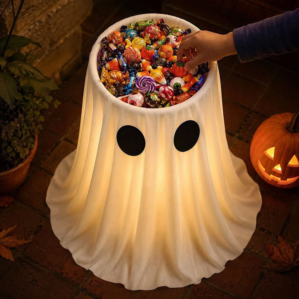 Light Up Ghost Candy Bowl Halloween Decoration, Fabric Ghost Statue with Warm LED Lights for Trick or Treat Party