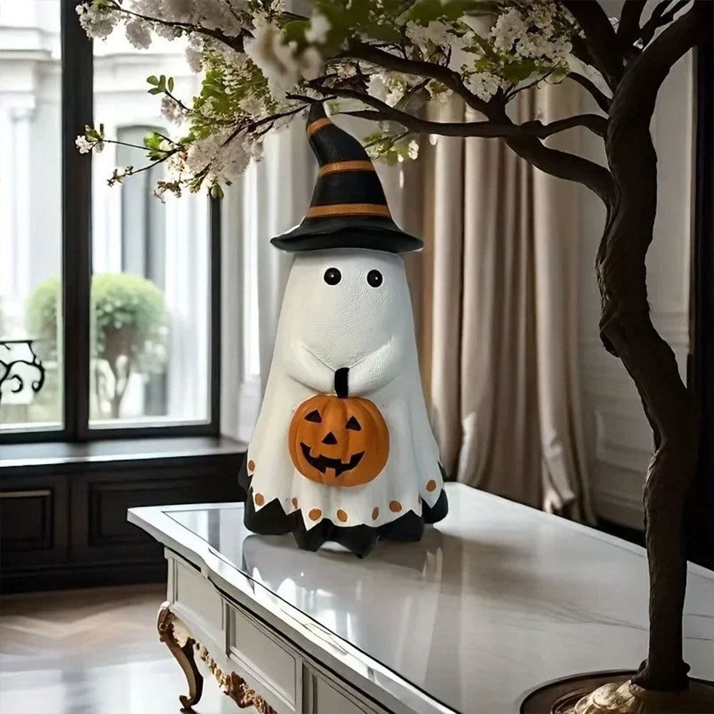 Halloween Cute Ghost with Pumpkin Lantern Resin Statue Home Decor