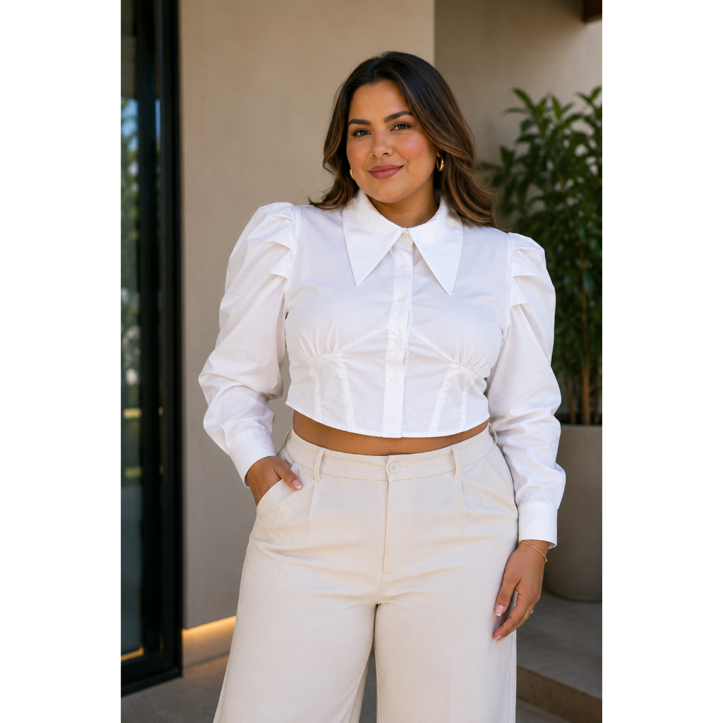 Cropped Feminino Corset Cinturado Manga Bufante Gola V Social Elegante Festa Blogueira Moderno