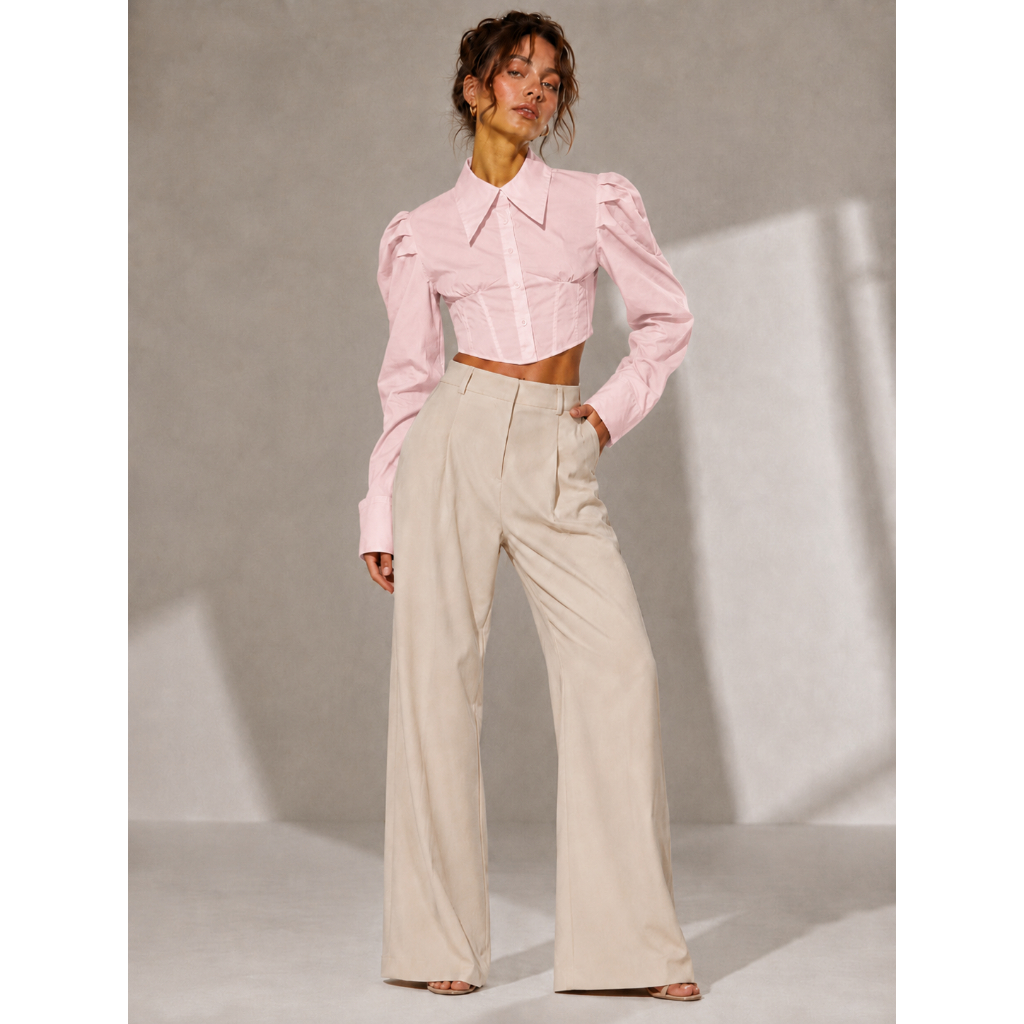 Cropped Feminino Cinturado Manga Bufante Gola Pontuda Social Festa Elegante Trabalho Chic Moda