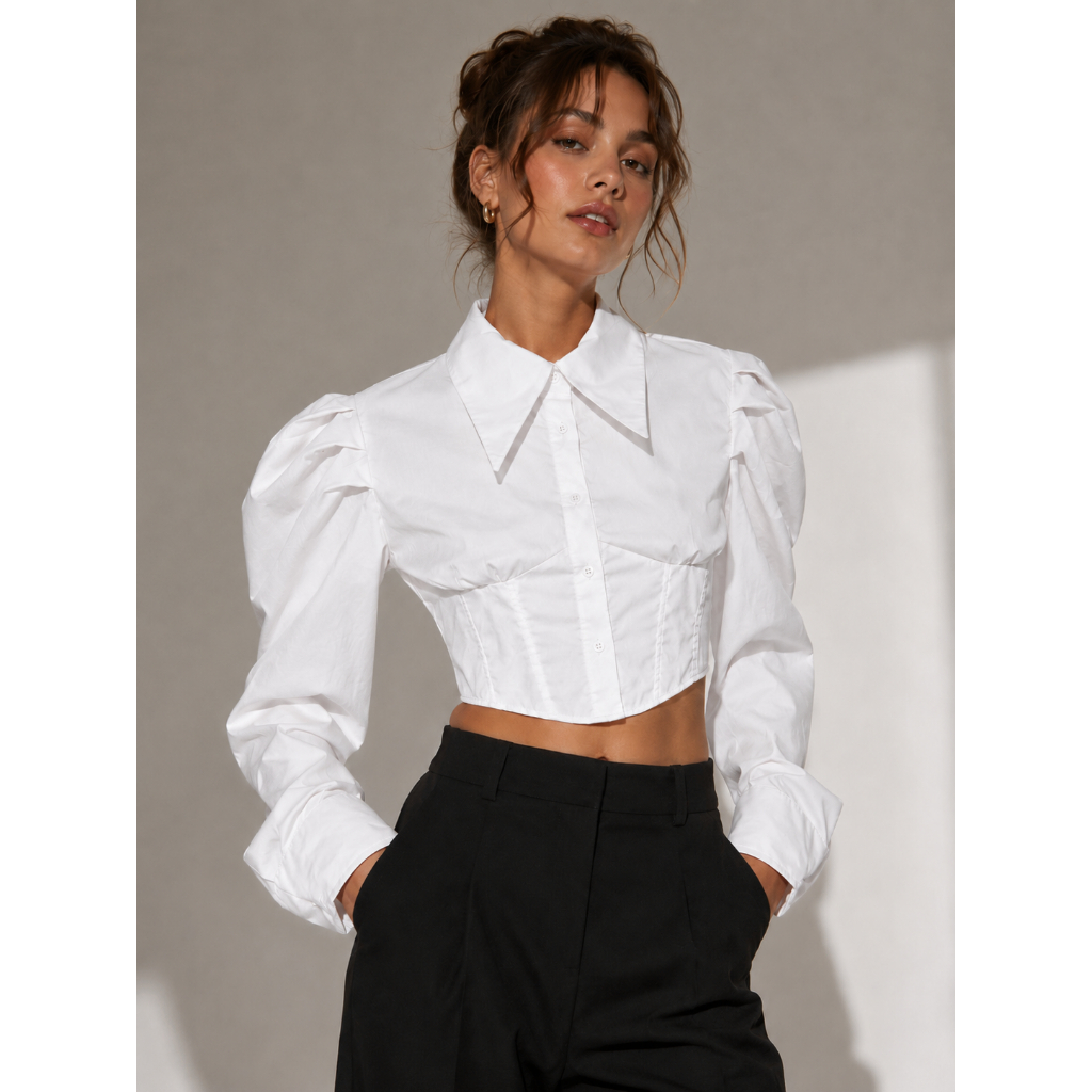 Cropped Feminino Cinturado Manga Bufante Gola Alta Social Elegante Festa Chic Moderno