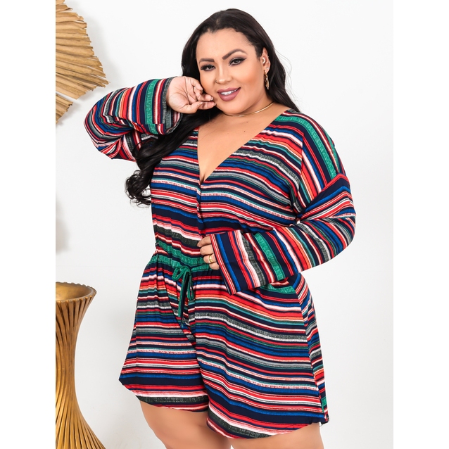 Macaquinho Feminino Plus Size Curto Viscose Decote Cinturado
