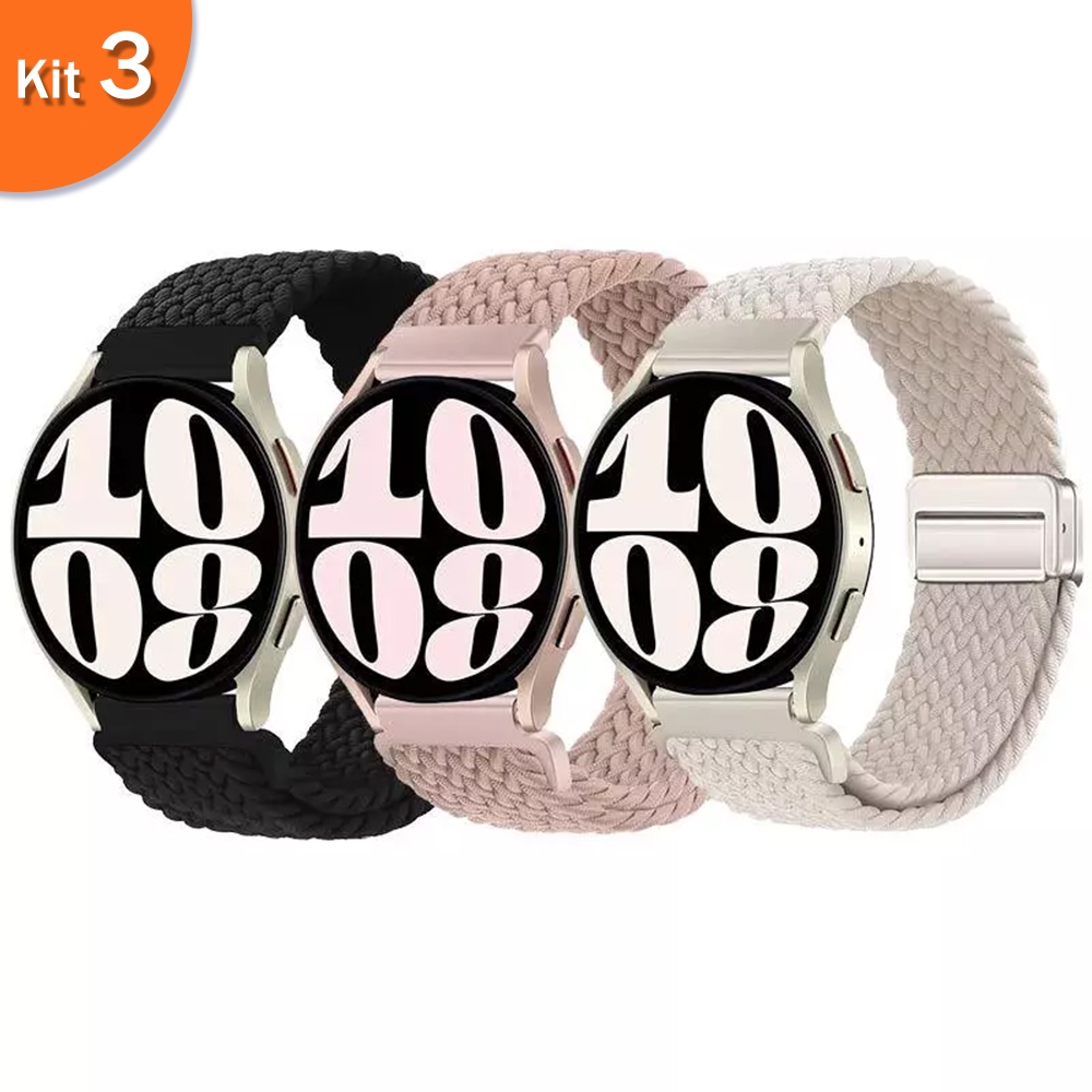 Kit 3 Nylon Pulseira de 20mm para Smartwatch Samsung Galaxy Watch 6 5 4 3 41mm Active 2 Gear S3 S4