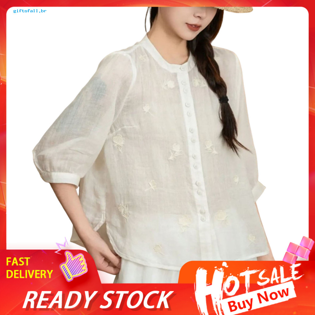 Women Shirt Sleeve Blouse Women’s Summer Round Neck 3/4 Button Placket Floral Embroidery Top Pure Color Lightweight Br