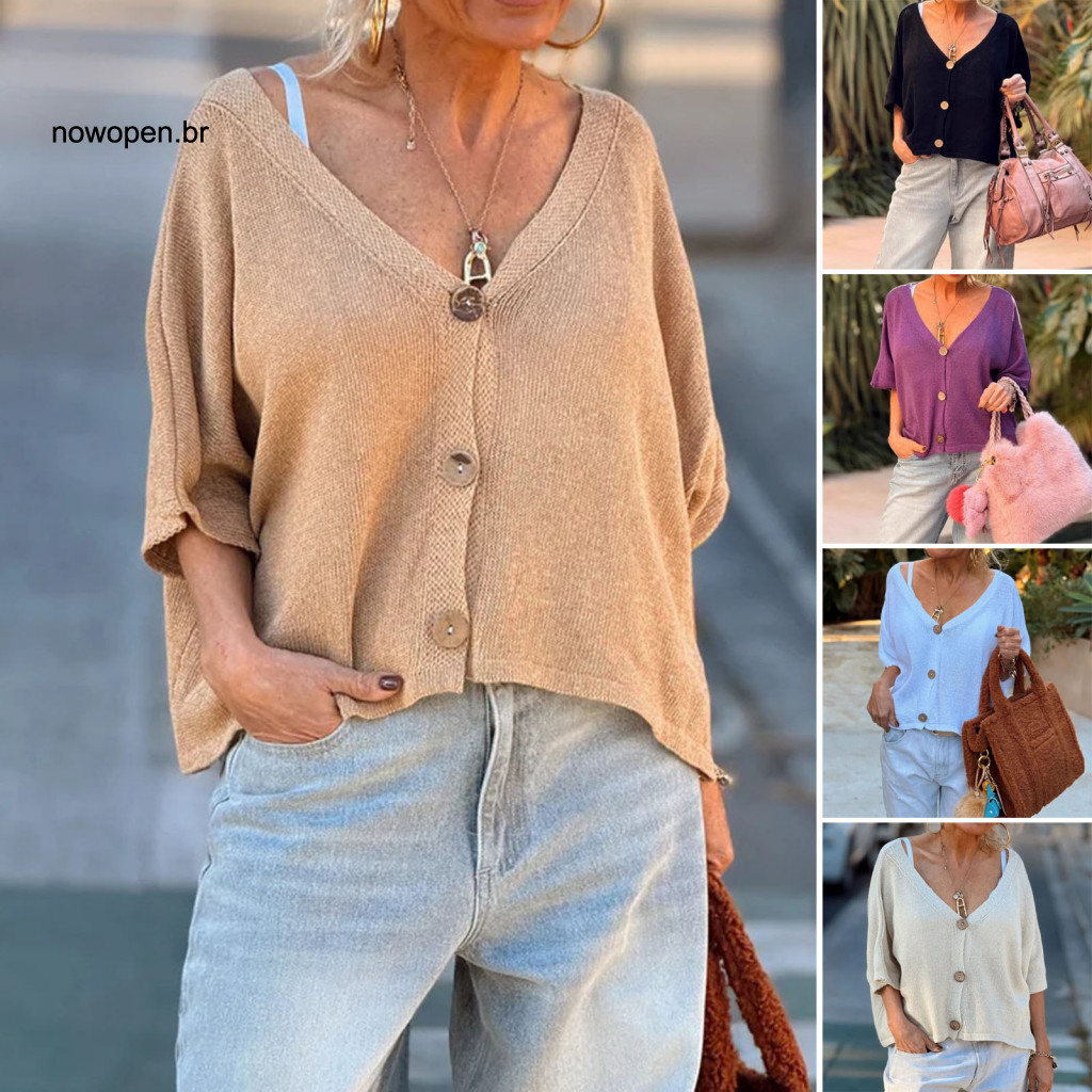 Casual Women Top Tops Women’s V-neck Half Sleeve Button Placket Shirt Loose Fit Solid Color Summer Knit Lightweight an