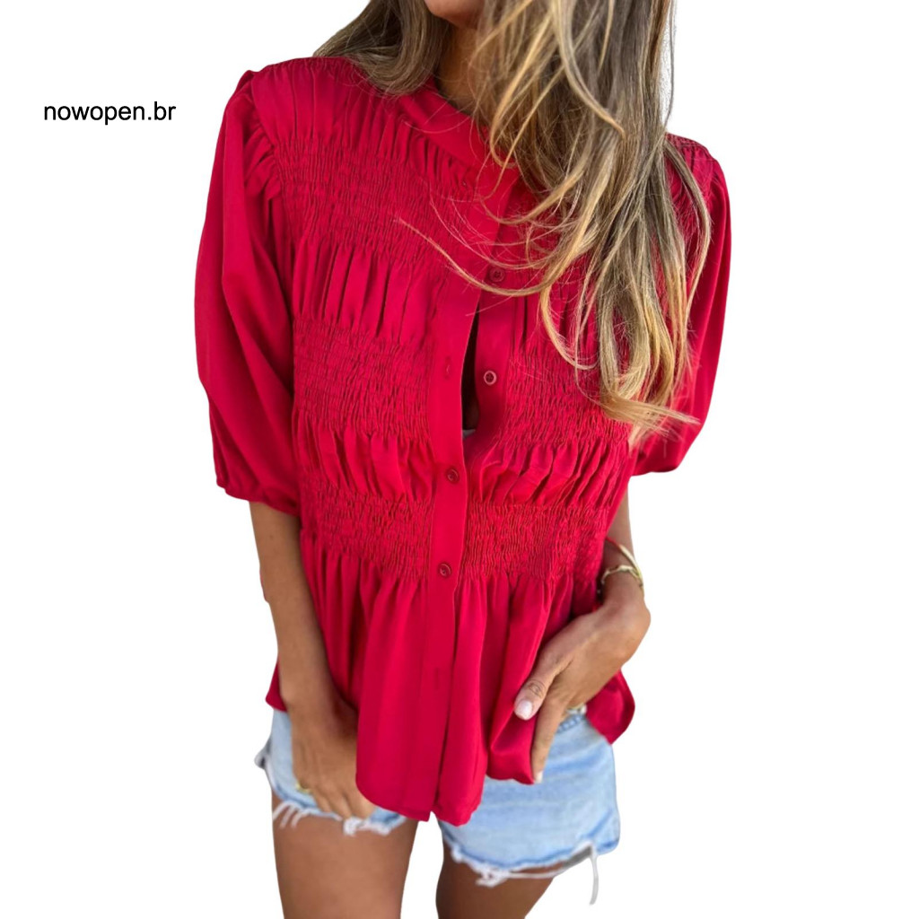 Round Neck Button-down Shirt Women Top Women’s Summer Button Down Puff Short Sleeve O-neck Blouse Loose Fit Pleated fo