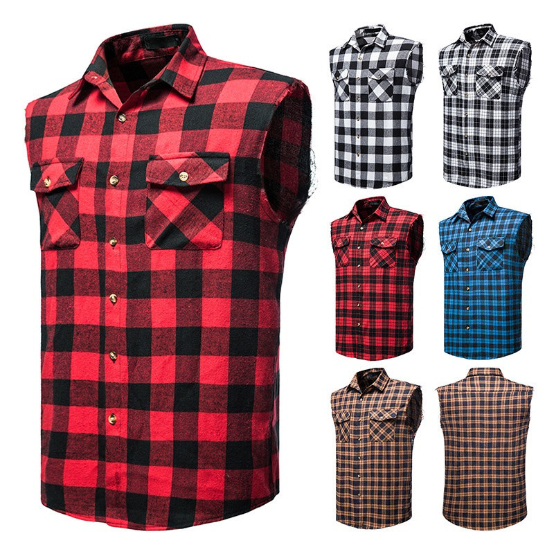 Nova Camiseta Masculina de Flanela Xadrez Sem Mangas Estilo Casual Promoção 3814