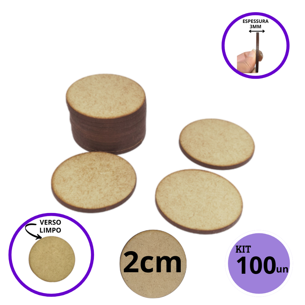 Kit 100 Bolacha Redonda Circulo Aplique Base Circular Artesanato Medindo 2cm MDF Cru 3mm Artesanal