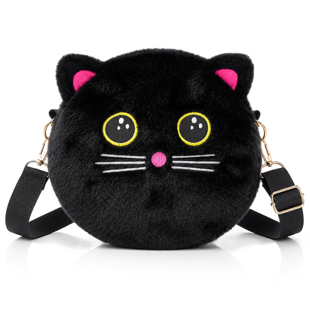 Bolsa Em Pelúcia Infantil Cat Black 20cm Alça Transversal Ajustável Macia - CAA Toys