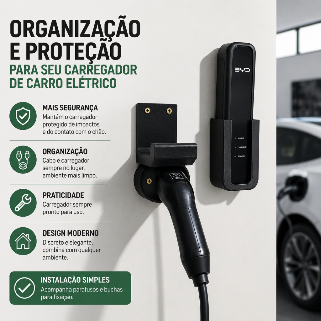Suporte de Parede para Carregador de Carro Elétrico Compatível BYD Organizador Preto