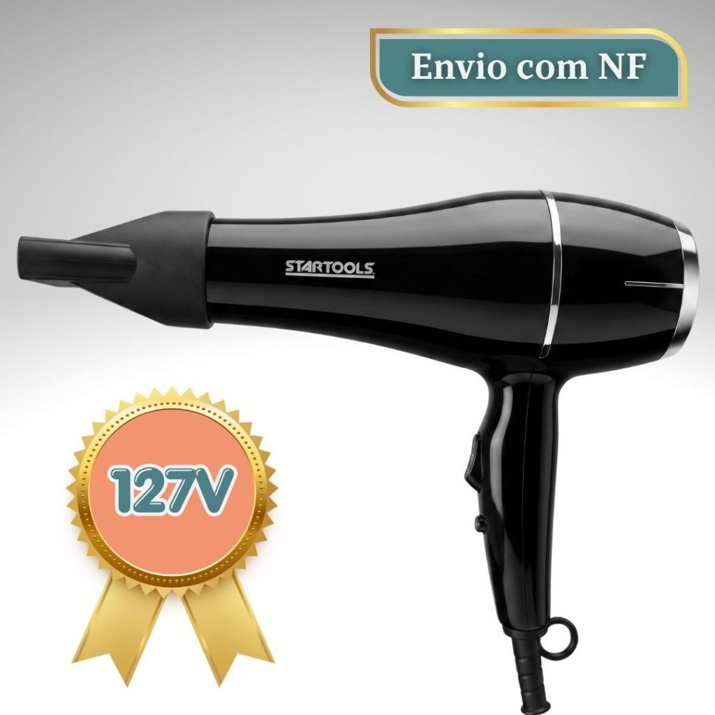 Secador Cabelo Profissional Salão Potente 1800W 127V Preto Turbo Secagem Rápida Jato Frio com Bico