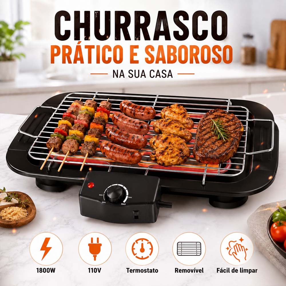 Churrasqueira Elétrica BBQ Portátil 1800W Sem fumaça Grelha Inox Interior Exterior