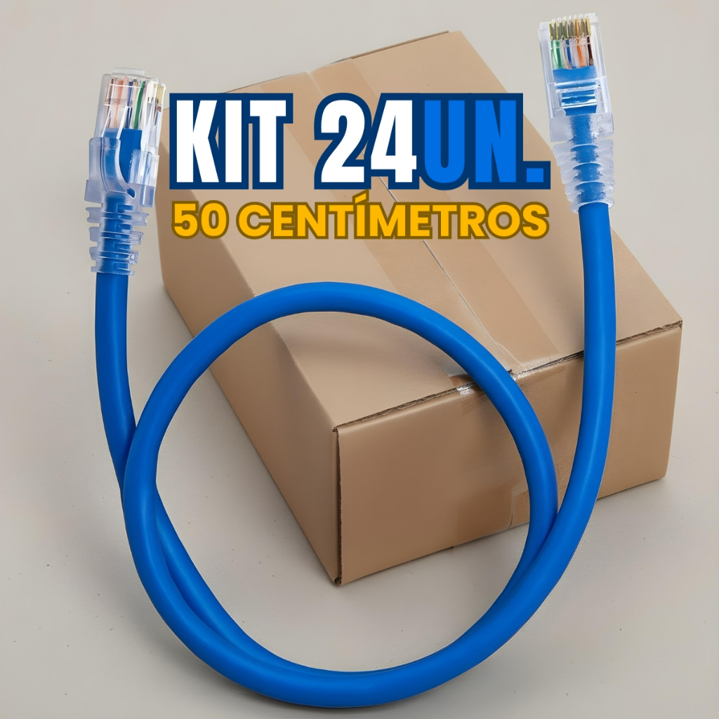 Cabo de Rede Patch Cord 50cm Cat6 - Azul Com Capa Alta Velocidade Kit 24 Unidades