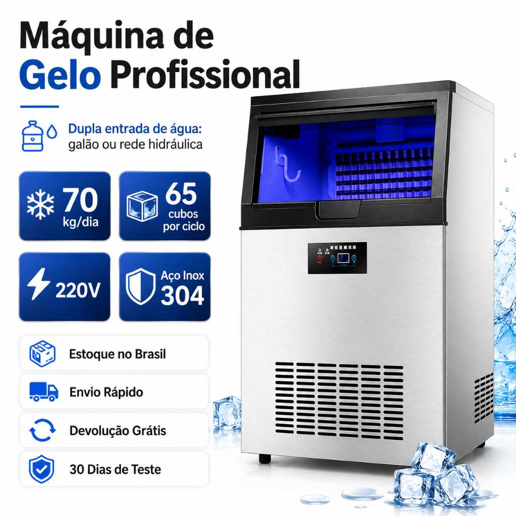 Máquina de Gelo Profissional 70kg Dia Inox 304 65 Cubos Comercial Bar Restaurante Hotel 220V