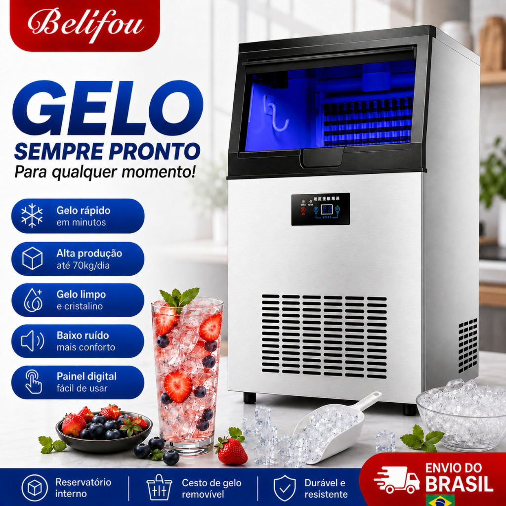 Belifou Máquina de Gelo Comercial Profissional 70kg/24h Inox Automática 220V para Restaurante Bar Hotel Buffet