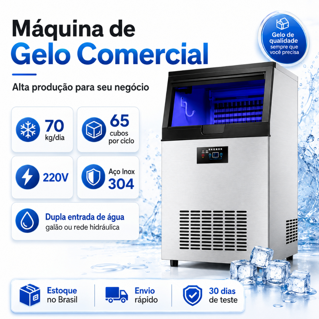 Máquina de Gelo Comercial Industrial 70kg/dia 65 Cubos por Ciclo Aço Inox 304 220V para Bar Restaurante Hotel