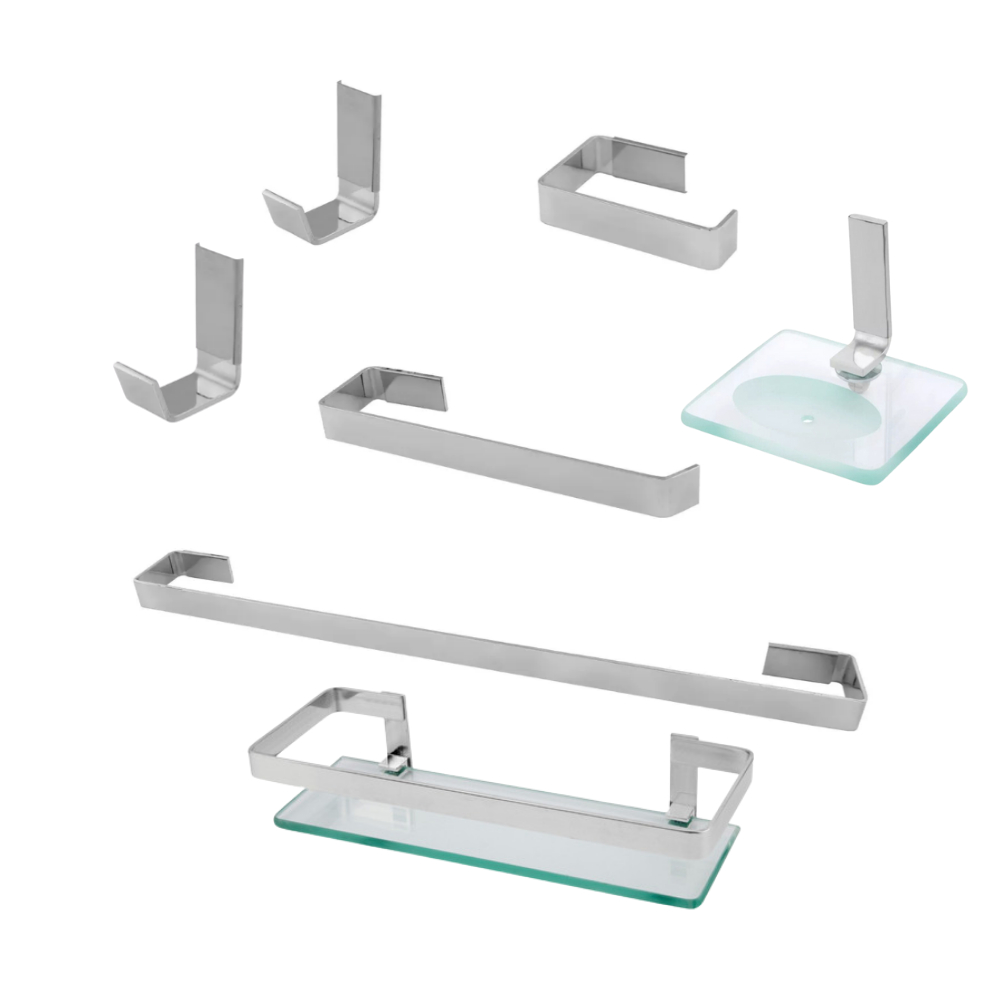Kit Acessórios  Para Banheiro Completo Semi Luxo Quadrado Polido Lavabo Casa Comercial Hotel