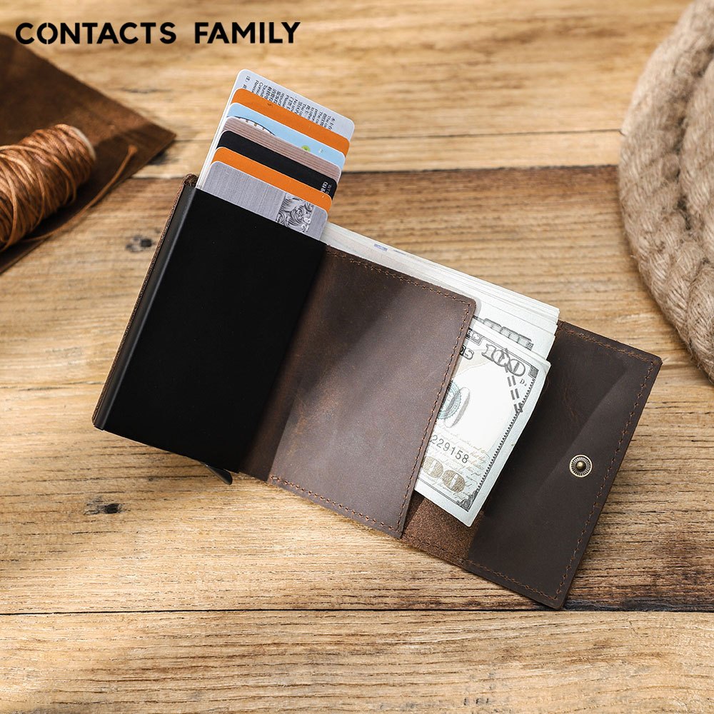 CONTACTS FAMILY Carteira Curta De Couro Genuíno Masculina Automática Pop Up ID Card Case RFID Bloqueio Carteiras Masculi