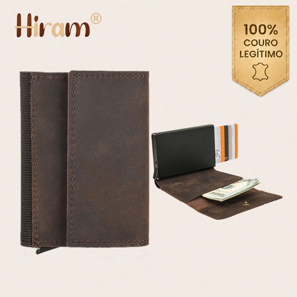Hiram Couro Legítimo Full Grain Carteira Curta De Masculina Automática ID Card Case RFID Bloqueio Carteiras Masculinas