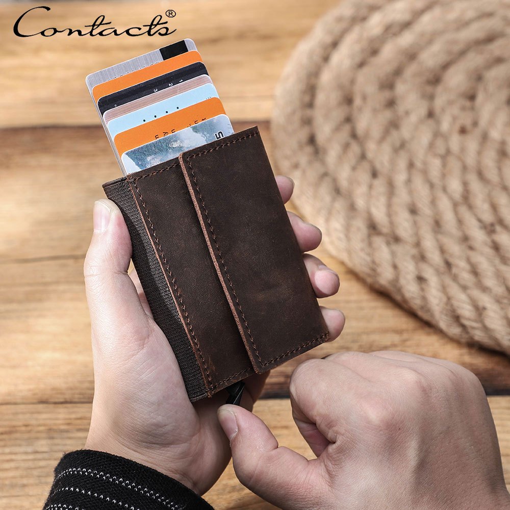 CONTACT'S Carteira Curta De Couro Genuíno Masculina Automática Pop Up ID Card Case RFID Bloqueio Carteiras Masculinas