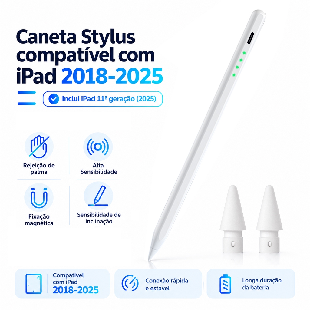 Caneta Stylus Touch P/ iPad 6 7 8 9 10 11 Ger Air 4 5 Pro 11 12.9 Com Palm Rejection