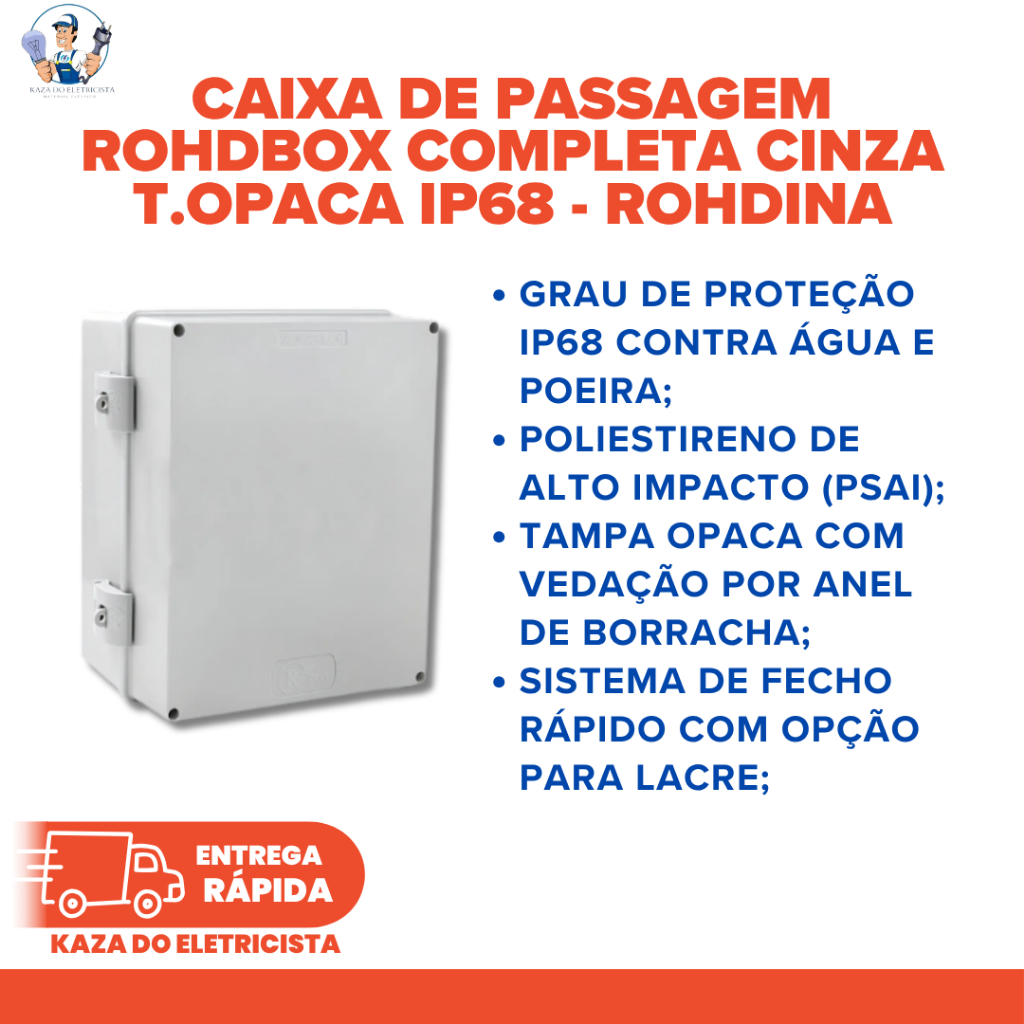 Caixa de Passagem Rohdbox Completa 250x200x130mm Cinza Tampa Opaca IP68 Ref. 888189 Rohdina