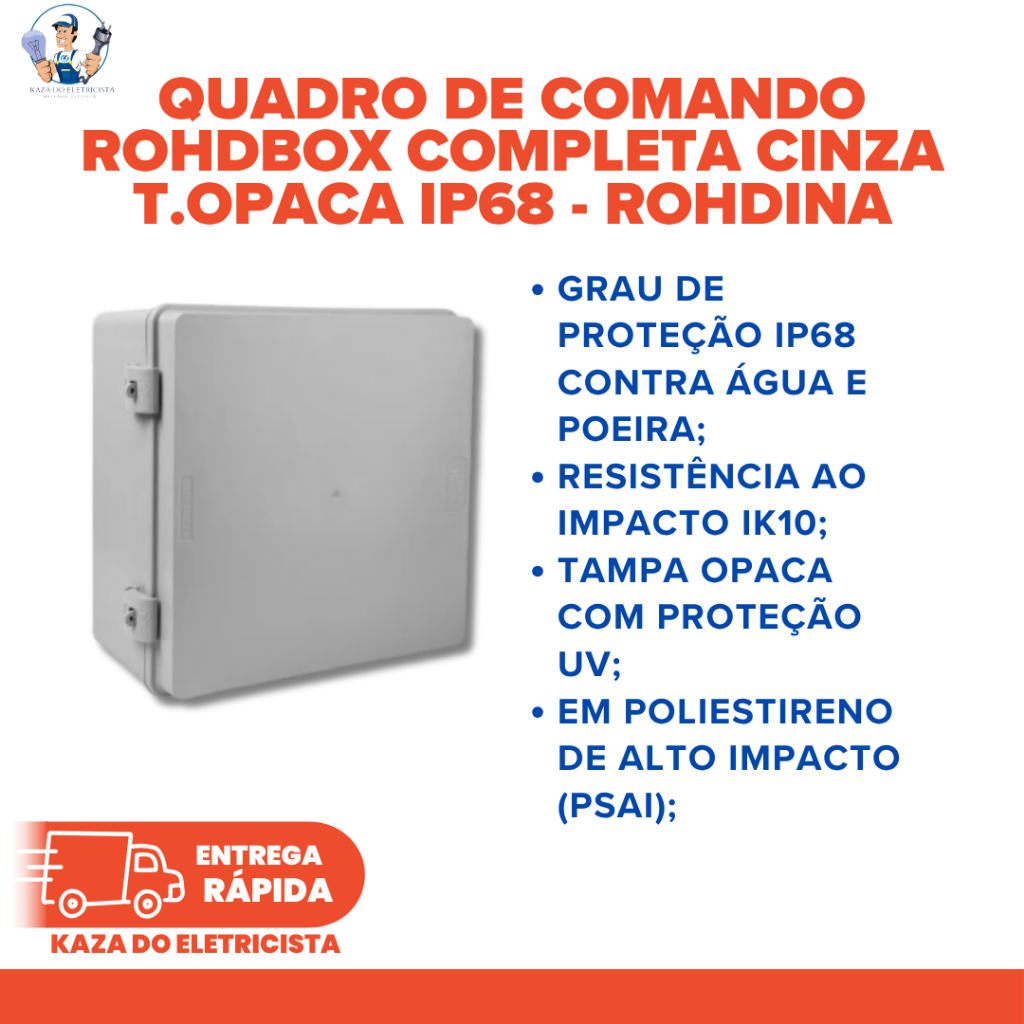 Quadro de Comando Rohdbox Completo 300x300x150mm Cinza Tampa Opaca IP68 Ref. 888259 Rohdina