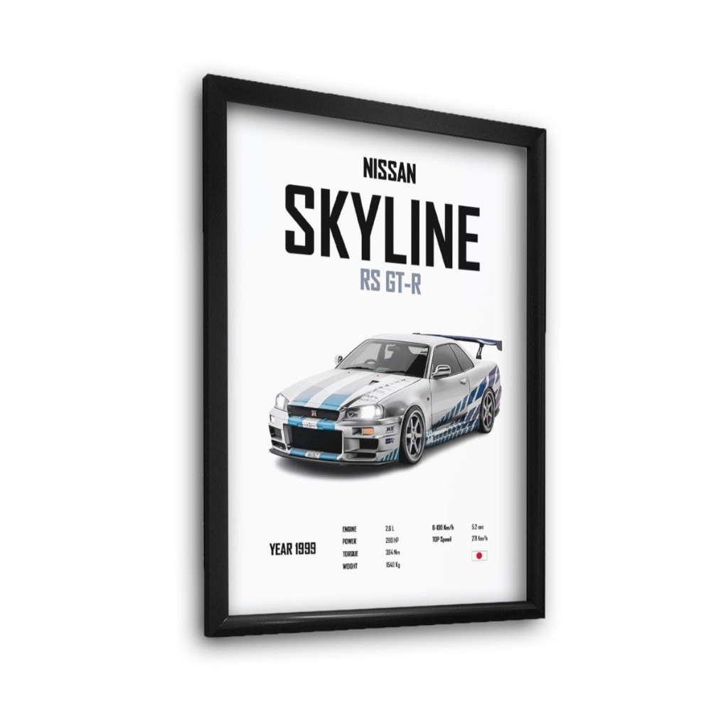 Quadro Skyline GTR A4 Decorativo Carro Esportivo Moldura MDF com Acetato Parede Quarto Sala