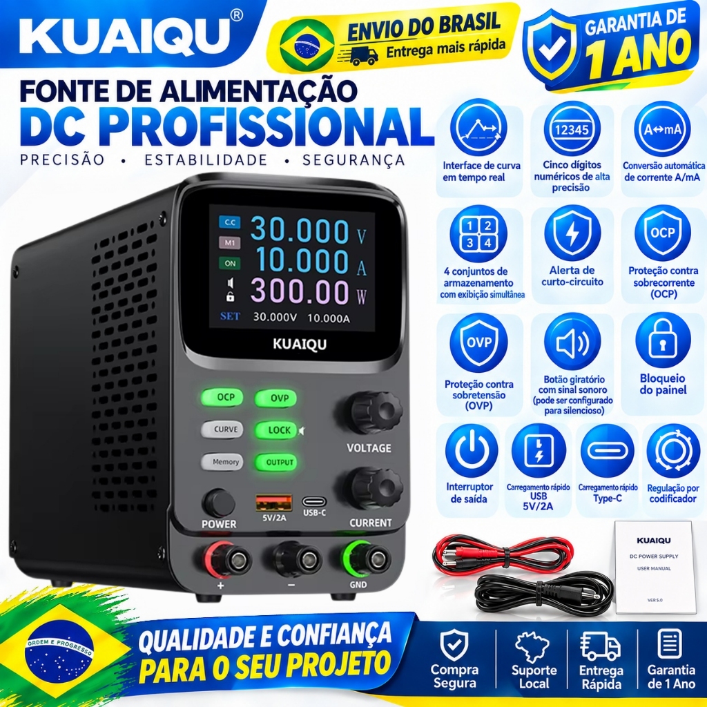 Fonte de Alimentação de KUAIQU Bancada DC Ajustável 30V 5A 10A 300W com OCP OVP Gráfico de curva dupla 5 dígitos