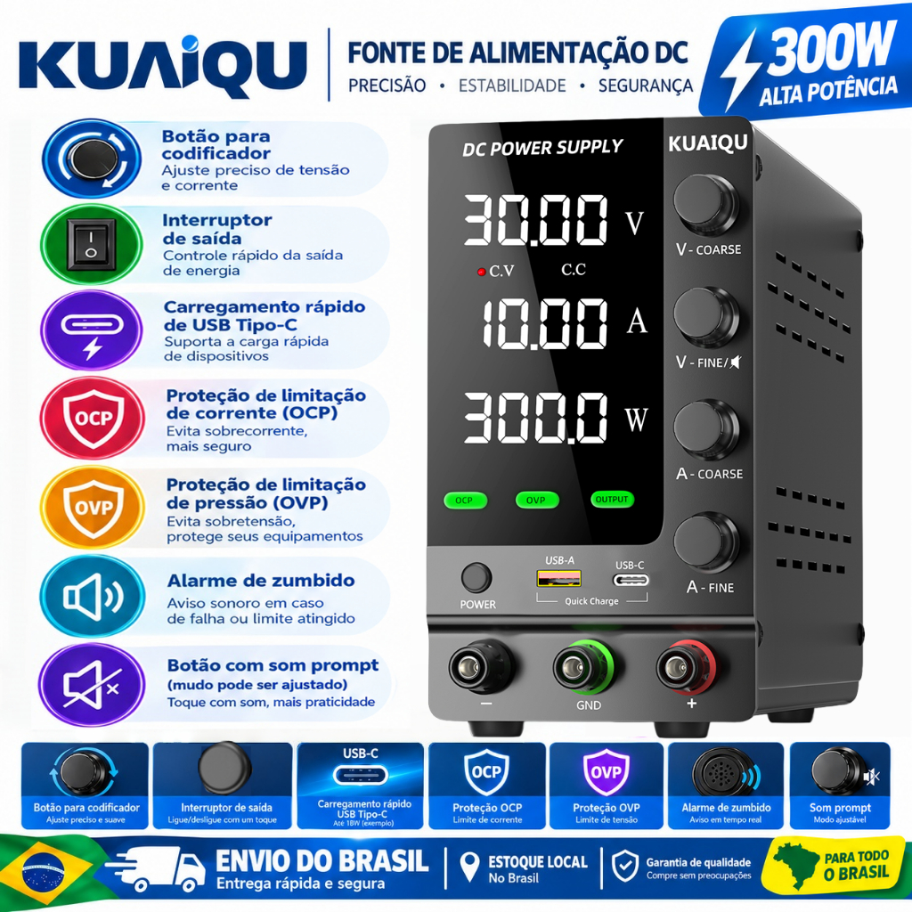 Fonte de alimentação KUAIQU SPS-C3010 30V 10A 300W OCP OVP SAÍDA SWITCH com ajuste do codificador USB tipo-C 60V5A 120V