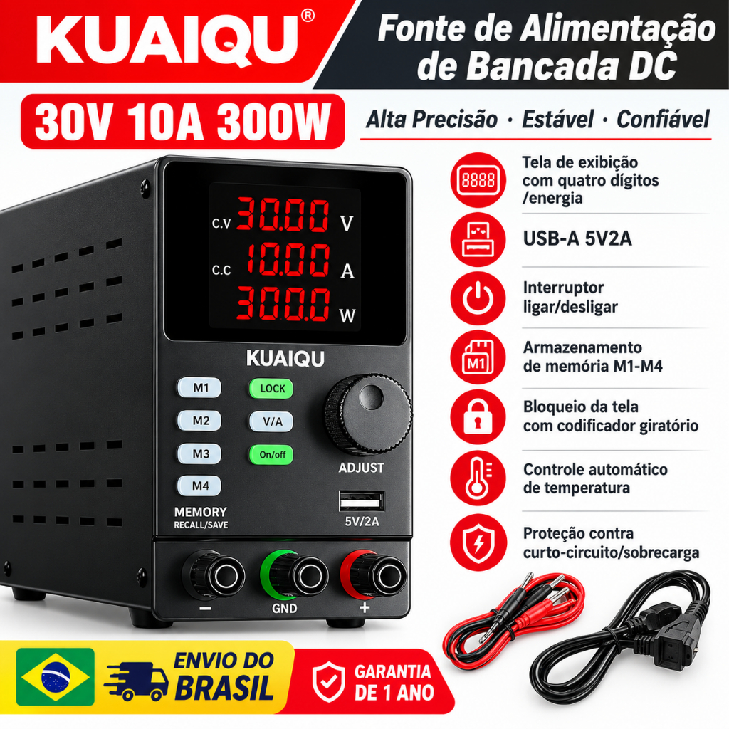 Fonte de Alimentação de Bancada Regulável 30V 10A 300W KUAIQU Armazenamento De Dados  Display 4 Dígitos Bivolt