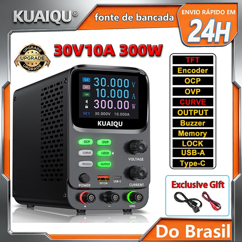 Fonte De Alimentação KUAIQU DC Variável 30V 10A , 300W Display TFT De 5 Dígitos 0.01mA 0.1mV De Bancada De Curva Dupla O