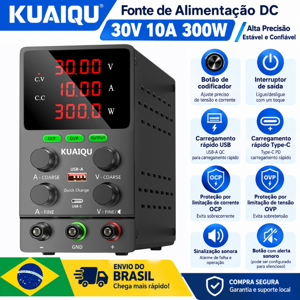Fonte de Alimentação de Bancada KUAIQU 30V 10A 300W com OCP OVP Bip Display de 4 dígitos USB SPS3010S