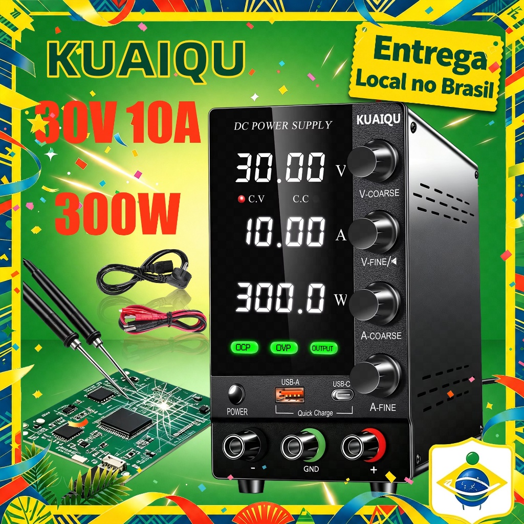 Fonte De Alimentação KUAIQU DC Variável 30V 10A De Bancada Regulada Ajustável Com OCP/OVP/Saída/Codificador/18W USB-A Ty