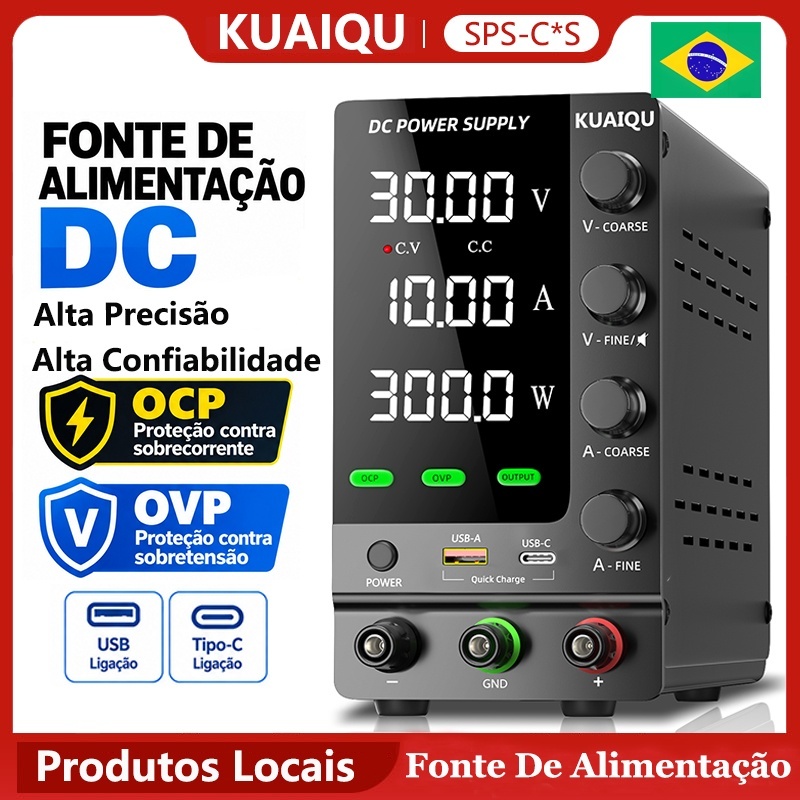 KUAIQU Fonte de Alimentação de Bancada 30V 10A 300W com OCP OVP Bip Display de 4 dígitos USB SPS-C3010S 60V 5A 120V 3A