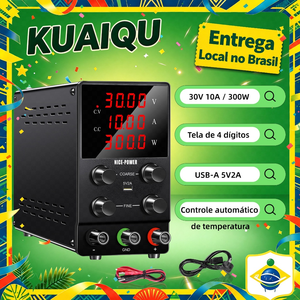 Fonte de Bancada Digital NICE-POWER SPS3010 30V 10A 300W USB-A 5V2A controle automático de temperatura