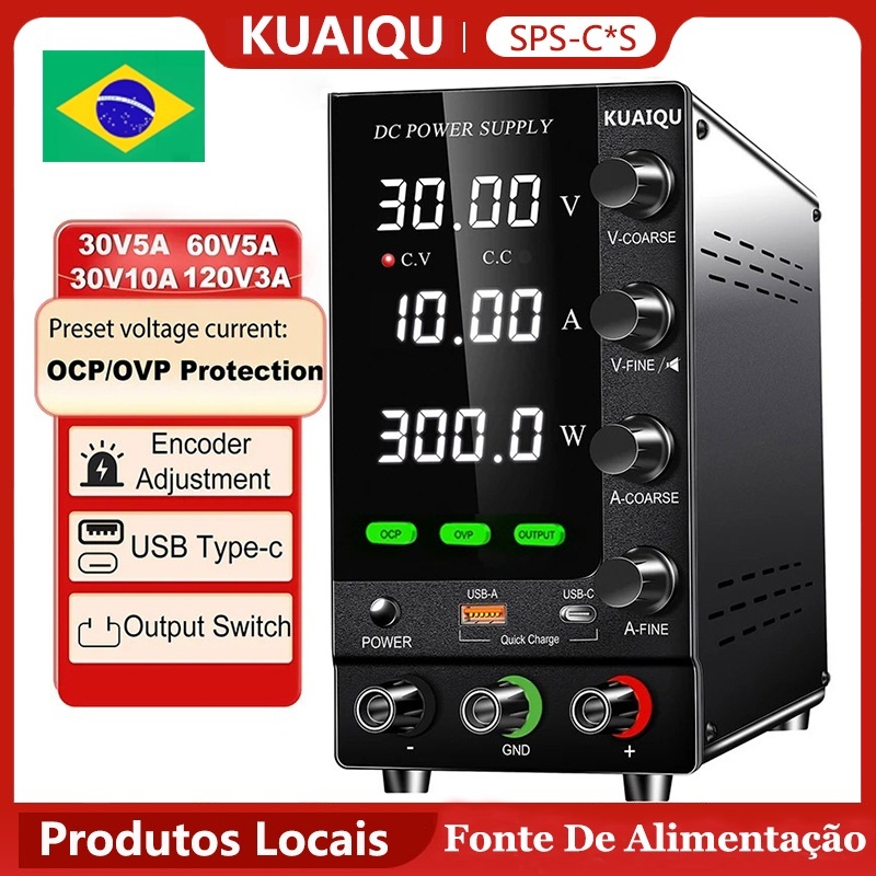 【Envio Rápido】Fonte De Alimentação de Bancada Digital KUAIQU 30V 10A 300W OCP OVP Saída Codificador 18W USB-A Type-C