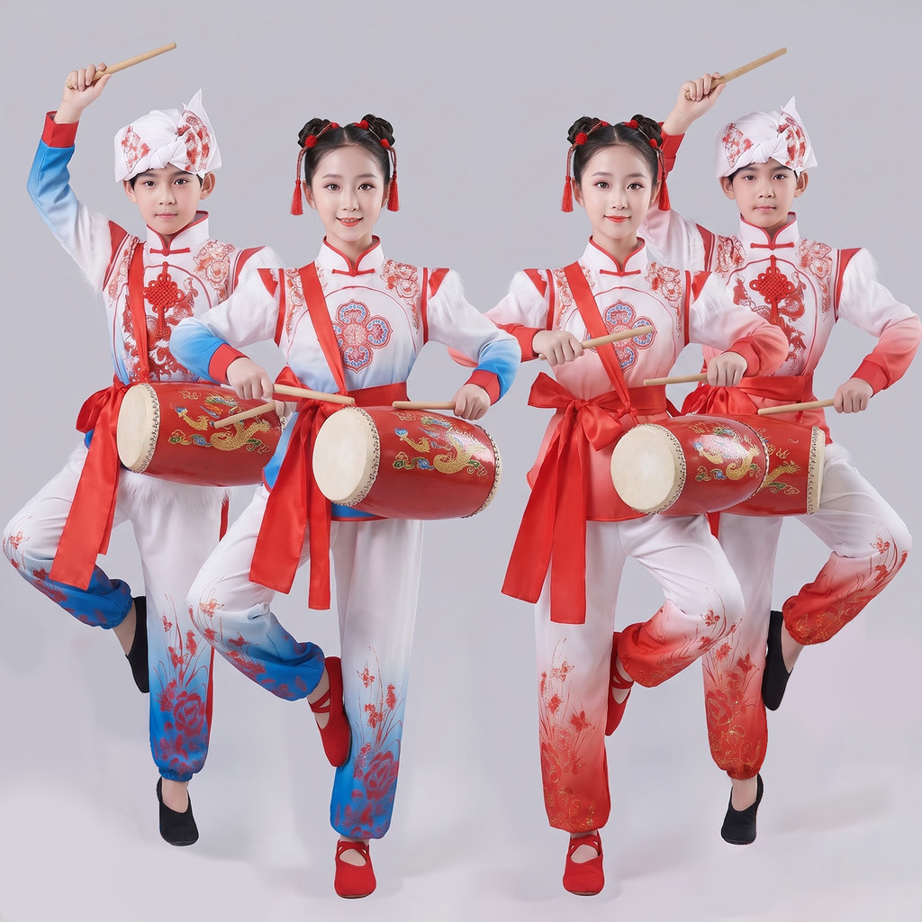 Crianças estilo chinês Drumming Anse cintura tambor traje das mulheres dos homens vermelho papel-corte Yangko jardim de