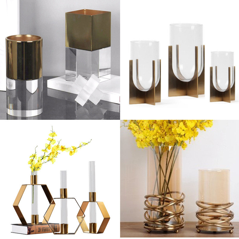 Modern minimalist metal iron frame glass flower vase for flower arrangement and hydroponics, transparent decorative vase
