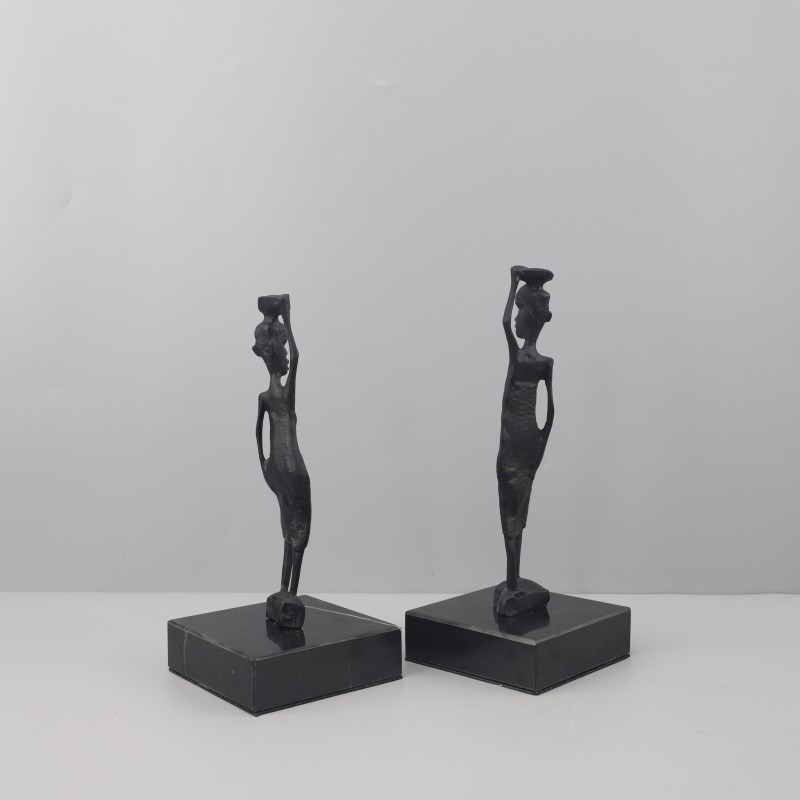 3XZA Modern minimalist abstract cast iron and marble African figure sculpture, decorative piece for living room, study,