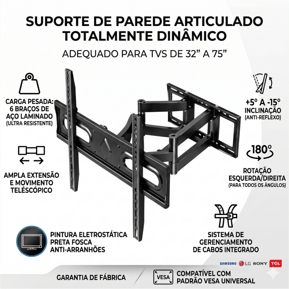 Tri-Articulated Wall Mount for 32' to 65' Tvs, Multi-Articulated Reinforced for Tv/monitor Maxmulti