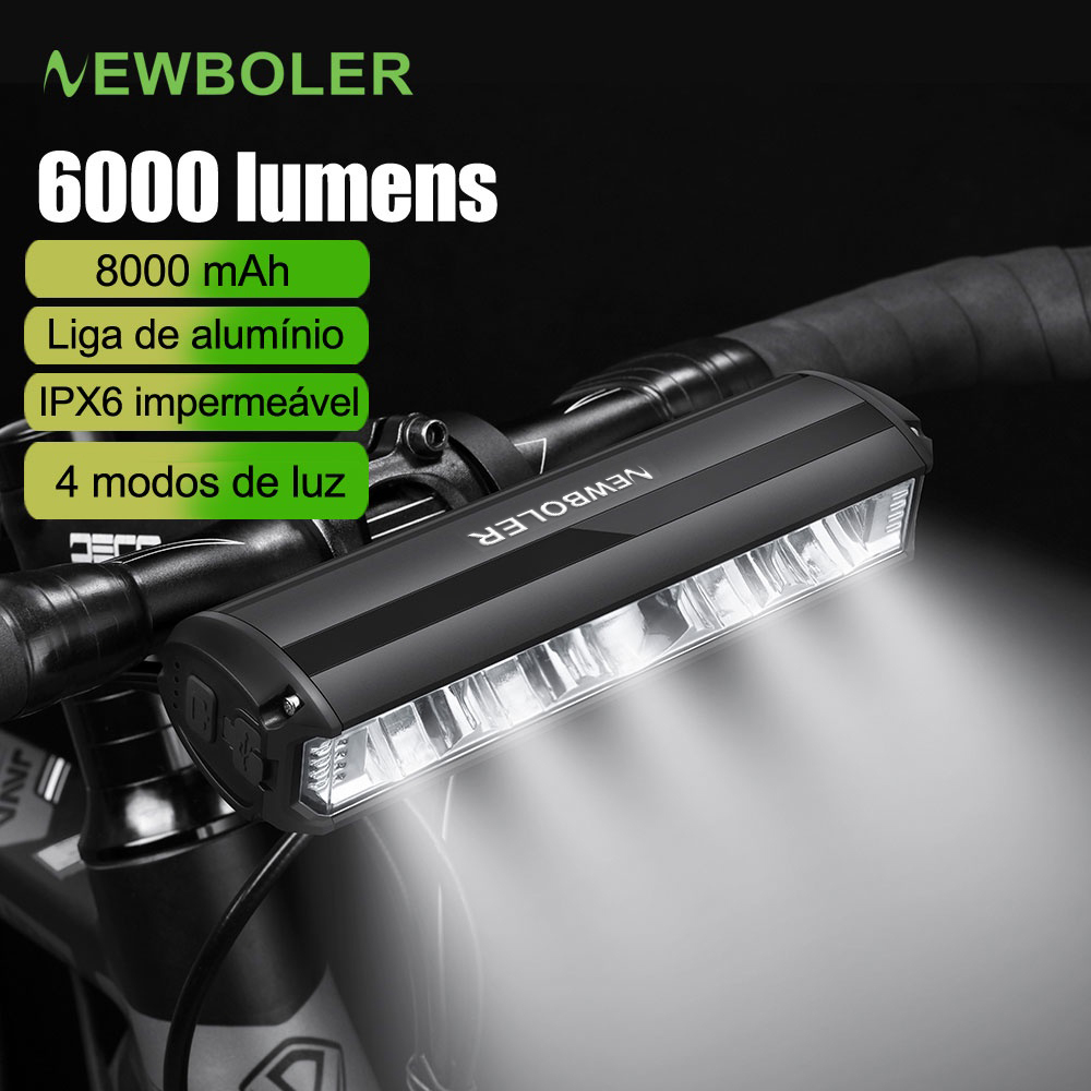 NEWBOLER Luz Frontal De Bicicleta 6000 Lúmens USB Recarregável 8000mAh IPX6 À Prova D'água Flash Light Aluminum Shell Acessórios