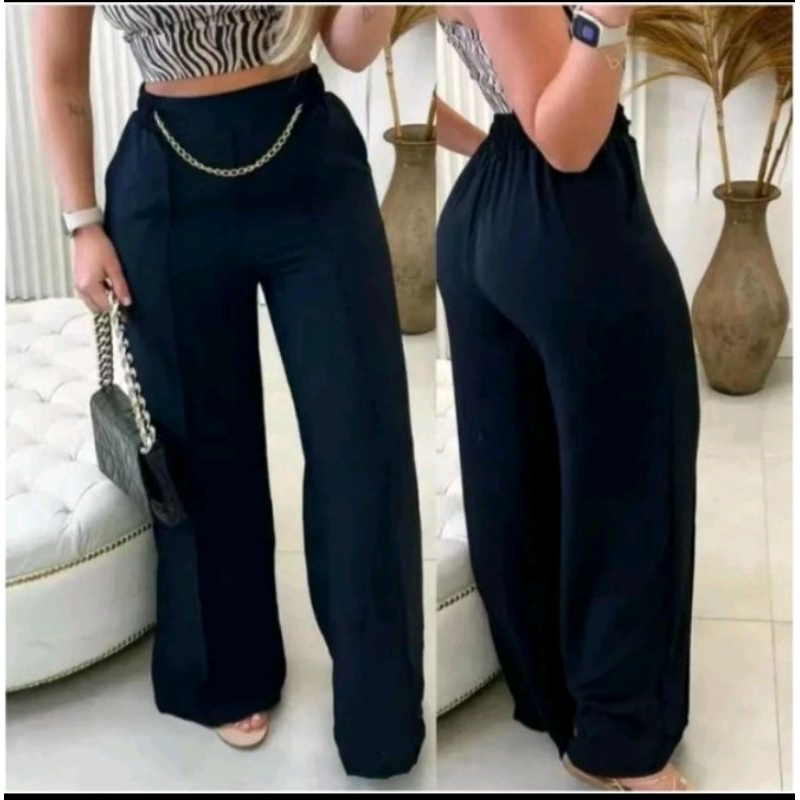 Calça Pantalona Feminina Com Corrente Elegante Estilosa Wide Leg Cintura Alta Com Bolso Moda Social
