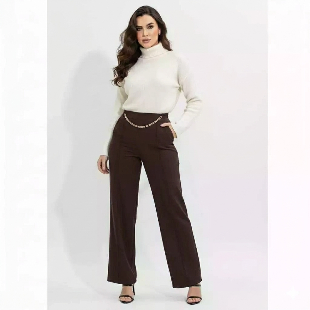 Calça Pantalona Feminina Com Corrente Prata e Bolso Valoriza sua Sihueta Modelo Premium Cintura Alta