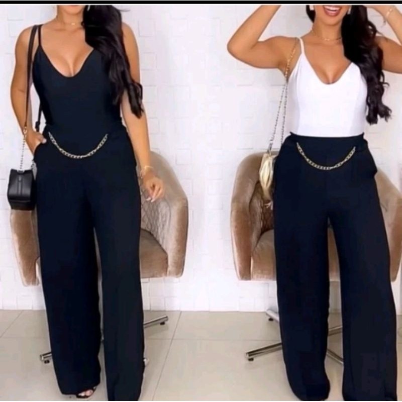 Calça Pantalona Feminina Com Corrente e Com Bolso Cintura Altas
