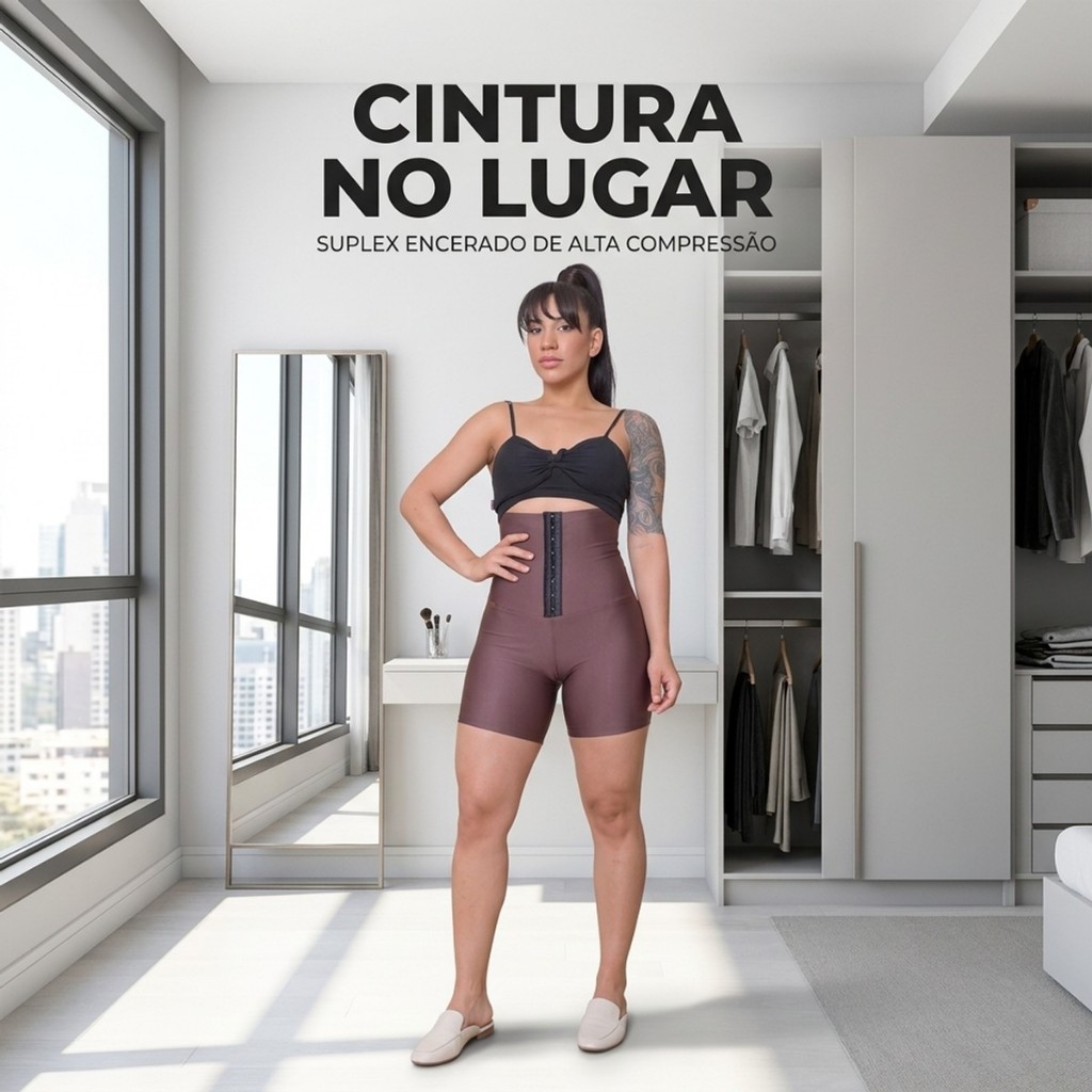 Short Cinta Modeladora Feminino Suplex Encerado Alta Compressão Modela Cintura e Empina Bumbum Uso Diário